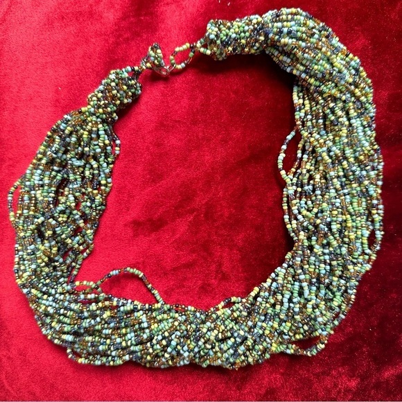 Glass seed-bead multi strand necklace in blue, green bronze lobster clasp 5309 L - Picture 2 of 16